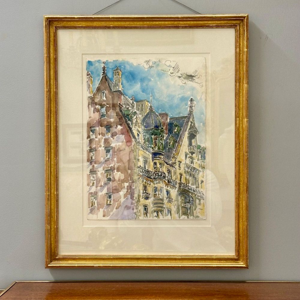 Modernist Watercolor Signed by Adam Van Doren, Architecture, City, Framed