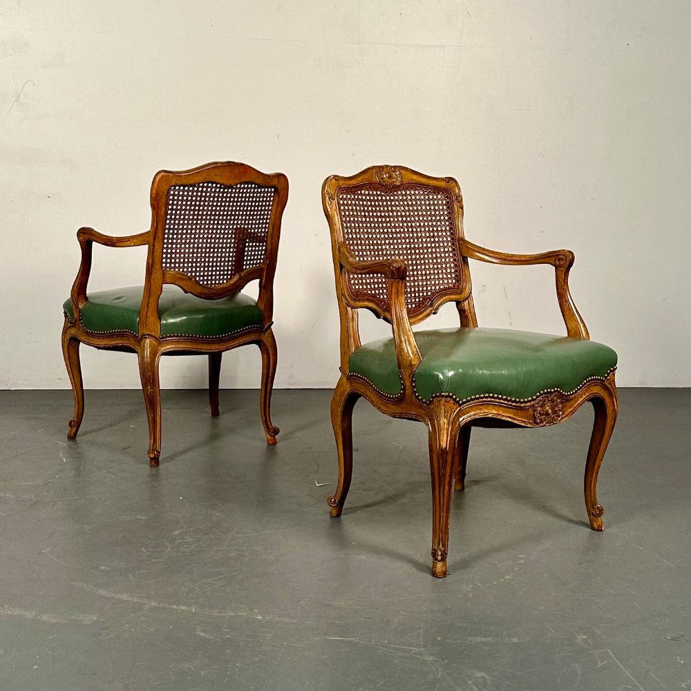 Four French Louis XV Style Fauteuils / Office Chairs, Cane and Leather