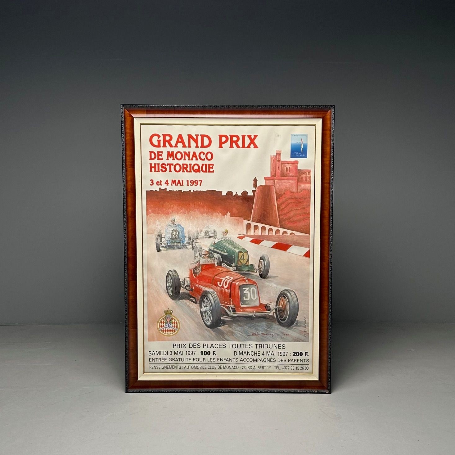 French Mid-Century Modern, Large Framed Racing Poster, Monaco Grand Prix, 1997