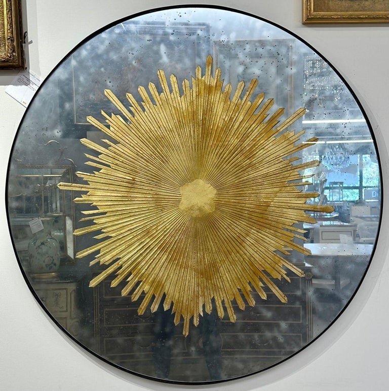 Hollywood Regency Style, Modern Round Sunburst Mirrors, Distressed Glass, 21st c.