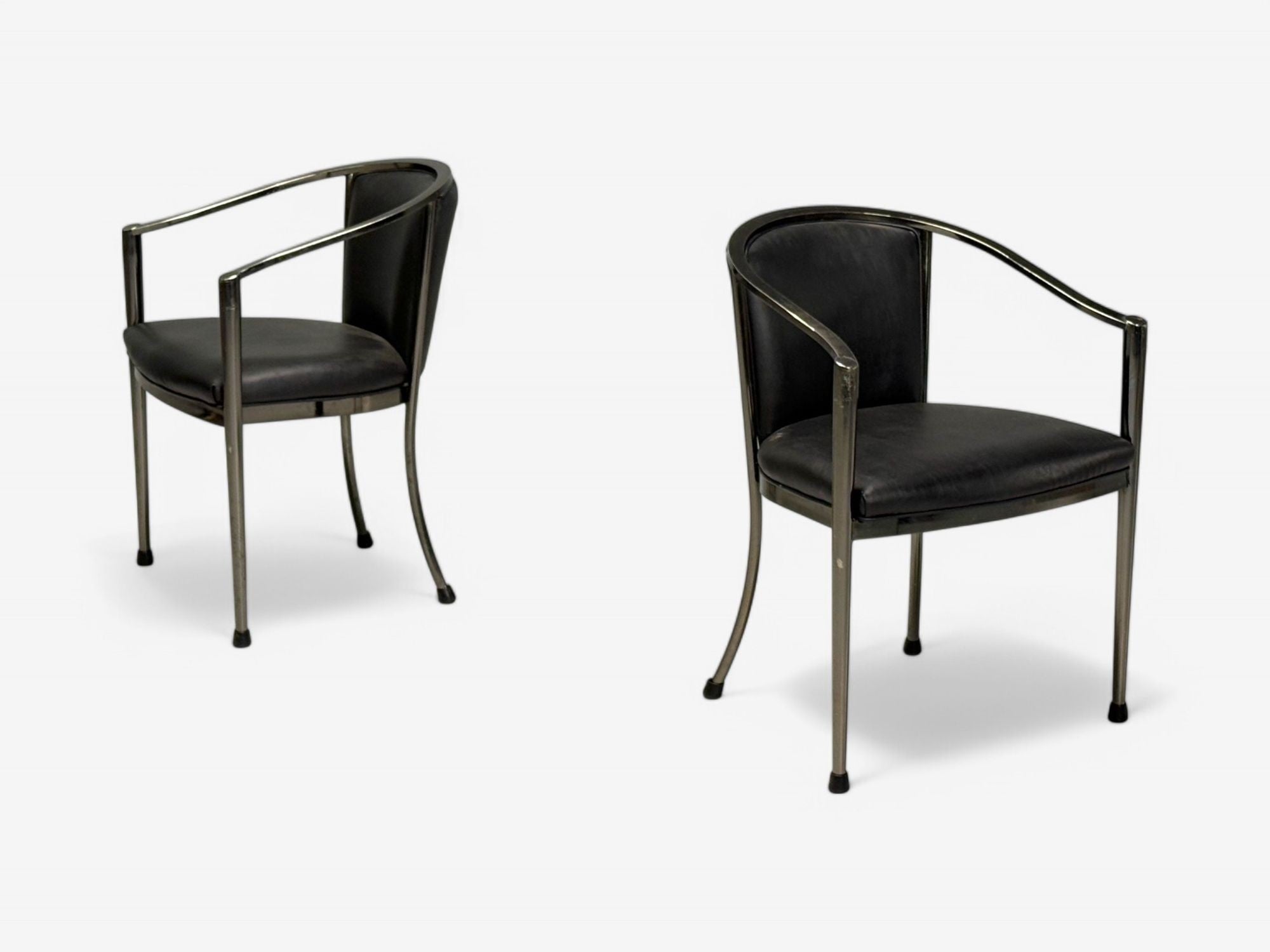 Karl Springer Style, Mid-Century Modern, Gunmetal, Leather, Armchairs, 20th c.