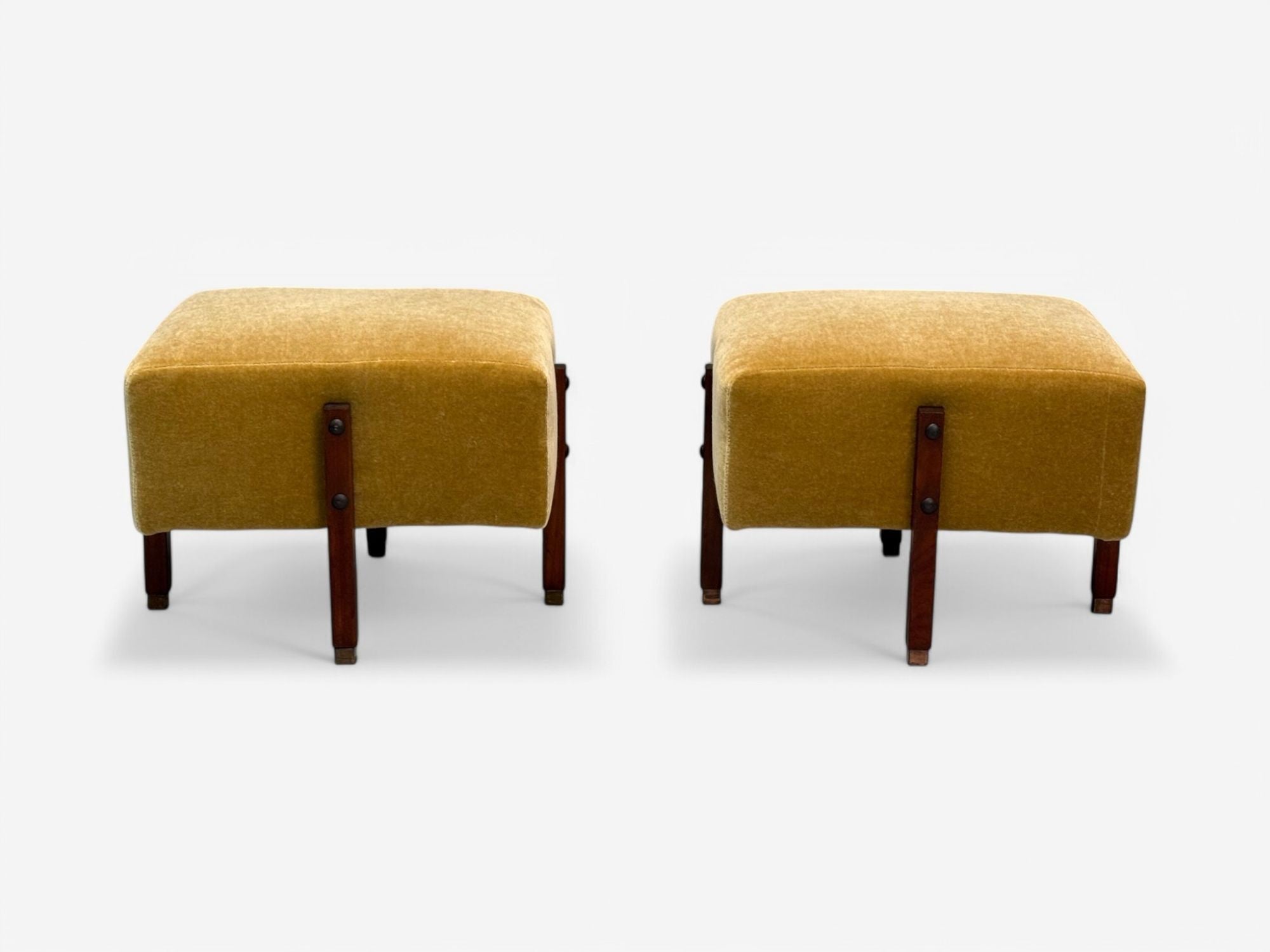 Italian Mid-Century Modern, Stained Wood, Camel Mohair, Ottomans, Italy, 1960s