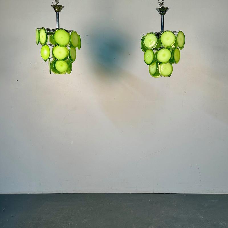 Pair of Mid-Century Modern Style Small Green Murano Glass Disk Chandeliers