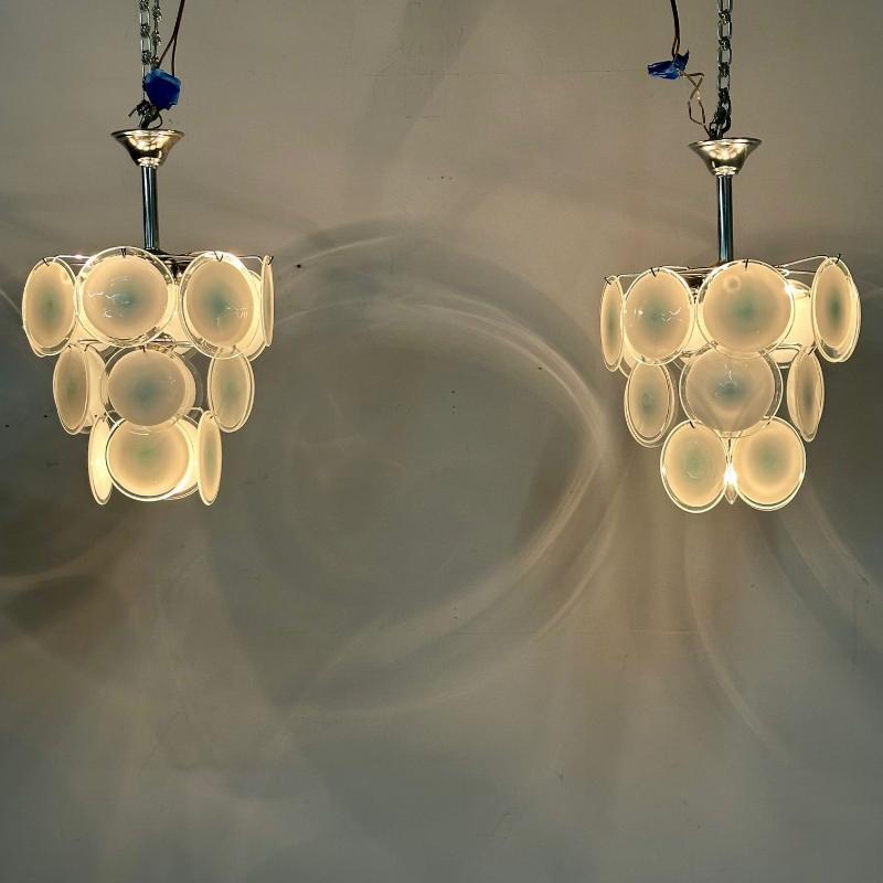 Mid-Century Modern Style Small White Murano Glass Disk Chandeliers / Pendants
