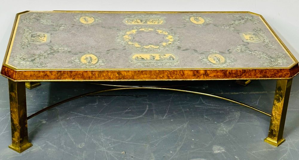 Piero Fornasetti Style Italian Coffee, Cocktail Table, Bronze, Burlwood, 1940s