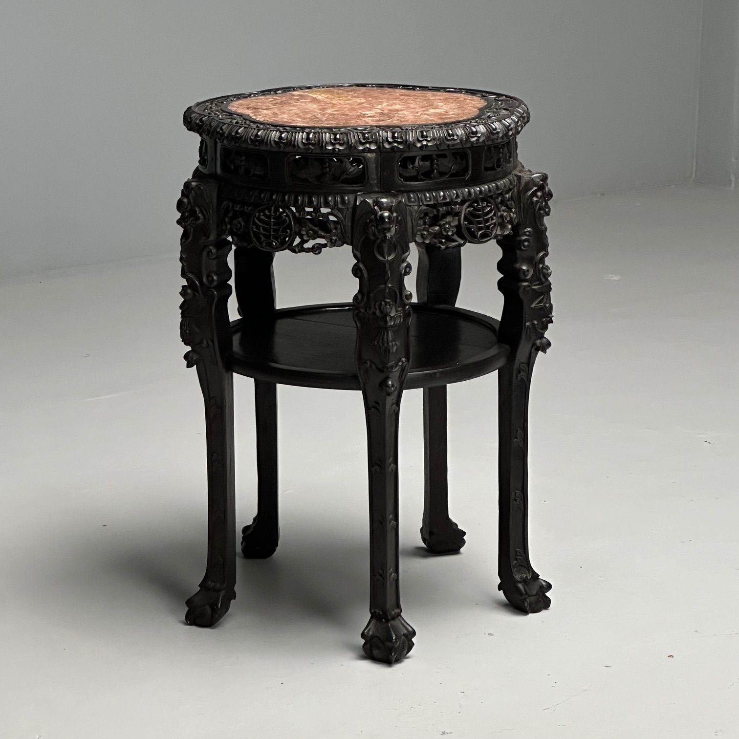 Chinese Heavily Carved, Occasional Tables or Pedestals, Teak, Marble, 1920s