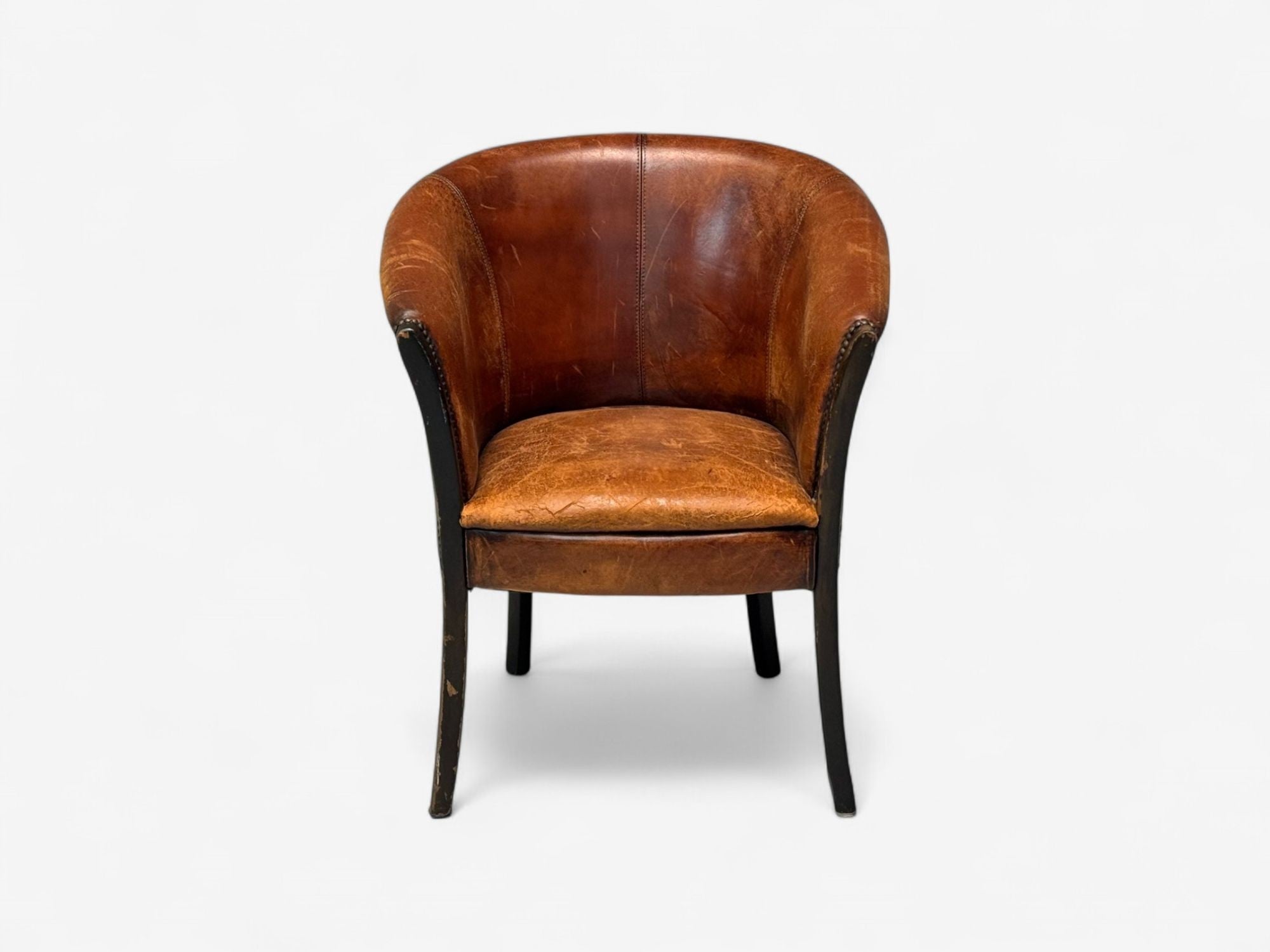 Georgian Style, Distressed Brown Leather, Stained Wood, Tub Chair, USA, 1960s