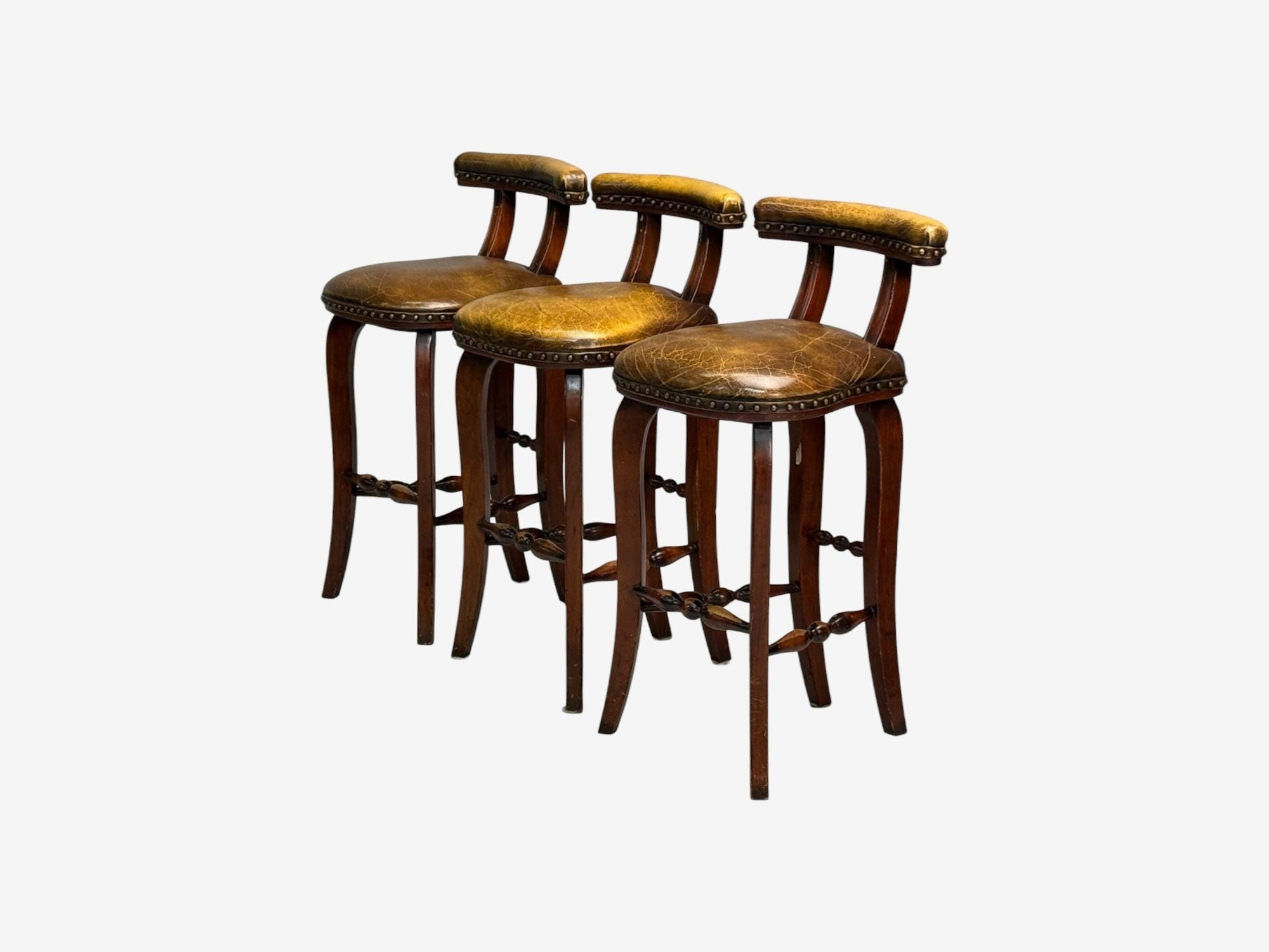 Georgian Style, Distressed Brown Leather, Stained Wood, Six Bar Stools, 20th C.
