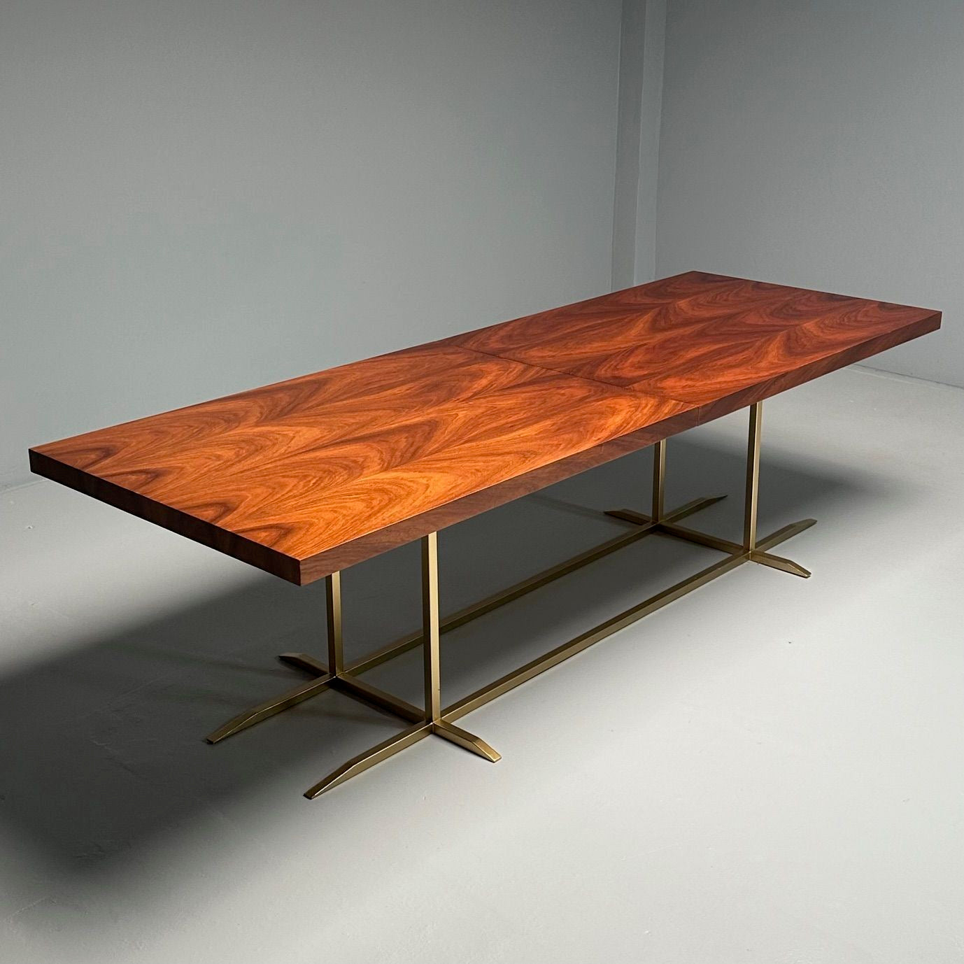 Contemporary, Modern Rectangular Dining Table, Burlwood Veneer, Gilt Metal