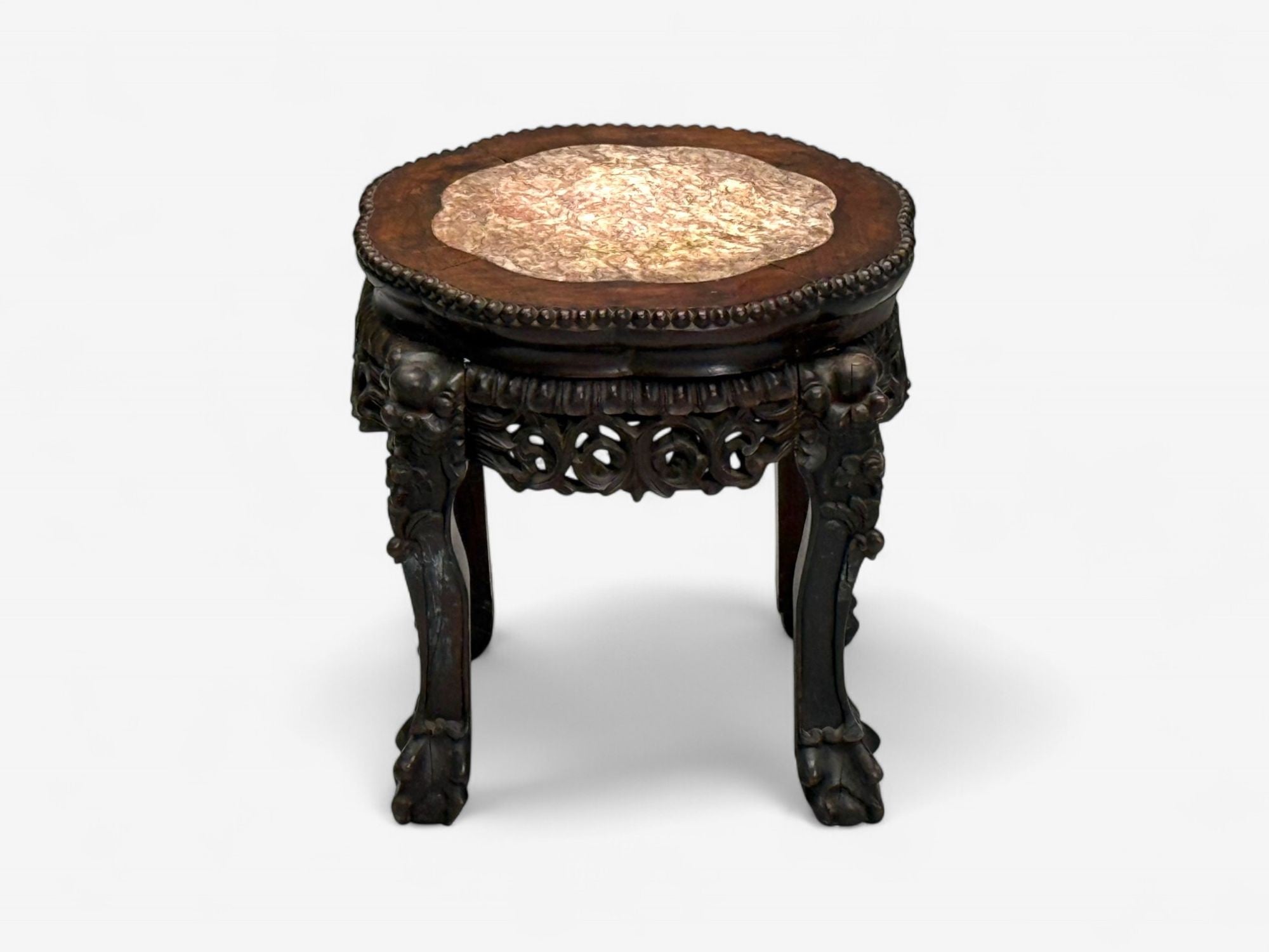 Chinese Export, Carved Hardwood Table, Marble, Low Pedestal, China, 1930s