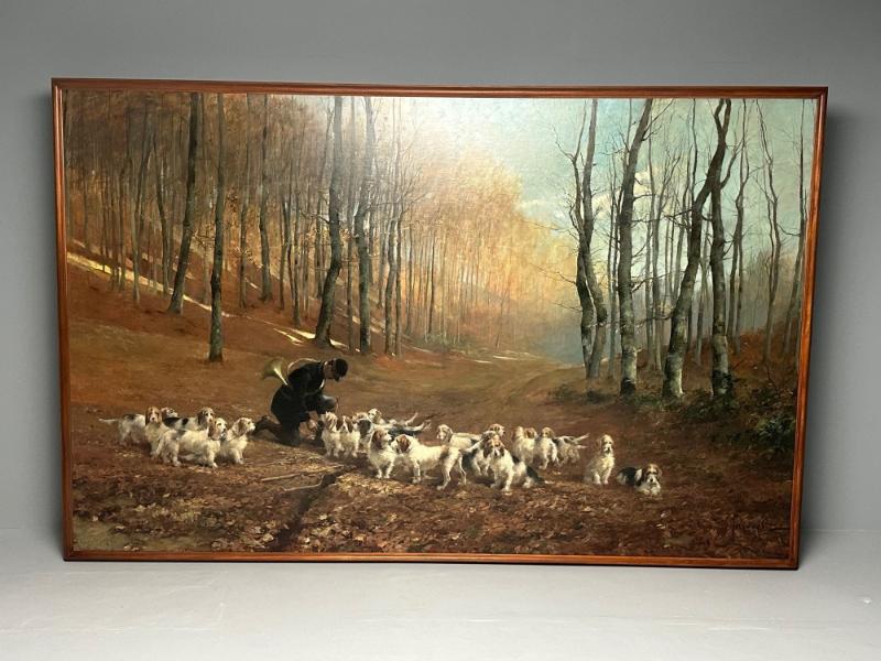 Monumental Oil Canvas, Georges Henri Fauvel, Hunting Dogs with Master, 19th Cent
