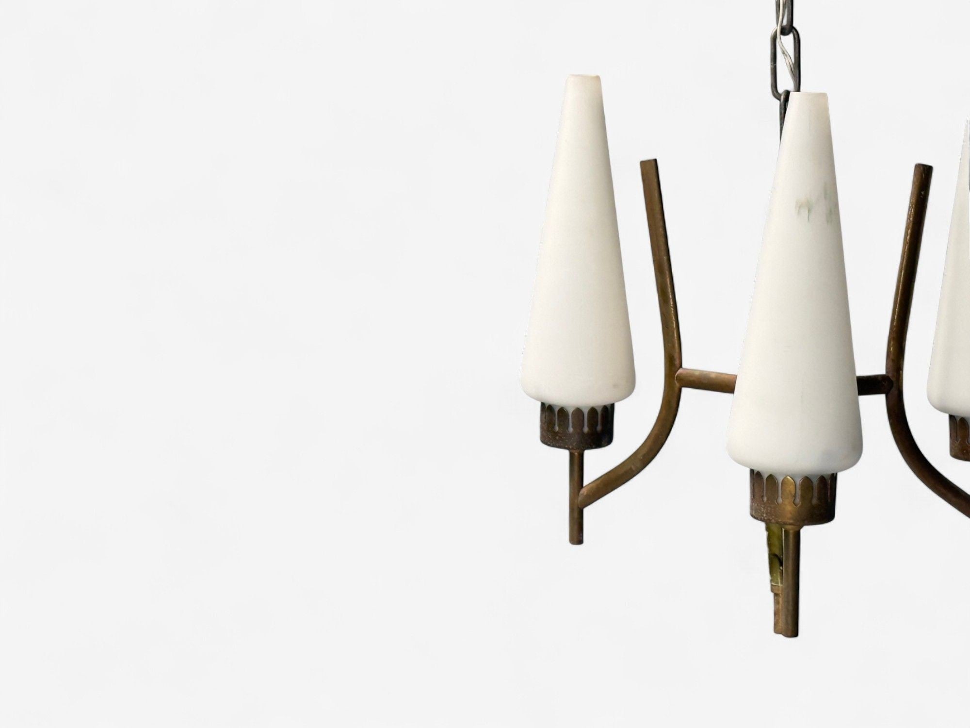 Angelo Lelli, Italian Modern, Brass, Opal Glass, Pendant light, Italy, 1950s