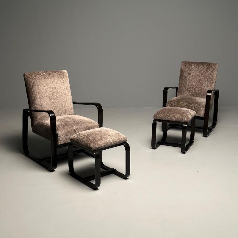 Rare Art Deco Pair of Giuseppi Pagano Pogatschnig Bentwood Armchairs & Ottomans