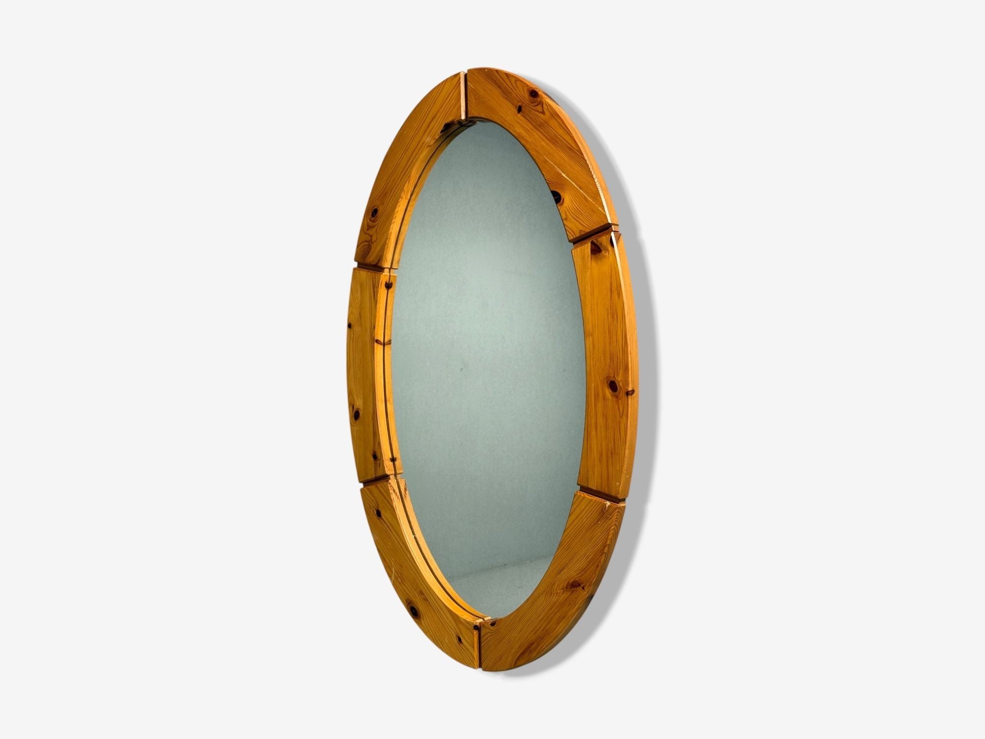 Swedish Modern, Oval Wall Mirror, Pine, Sweden, 1970s
