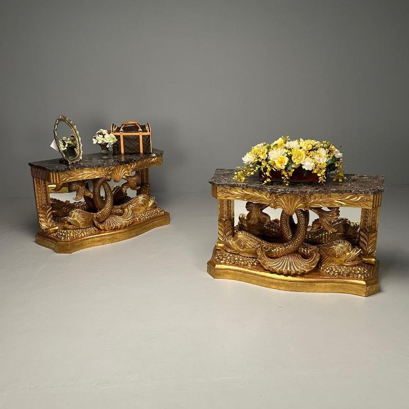 Pair of French Wood Carved Dolphin Console Tables, Pier Tables, Giltwood