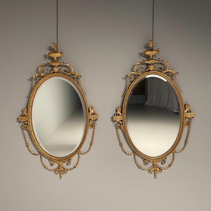 Pair of English Regency Style Gilt Wood Oval Mirror, Wall, Console, Over Mantle