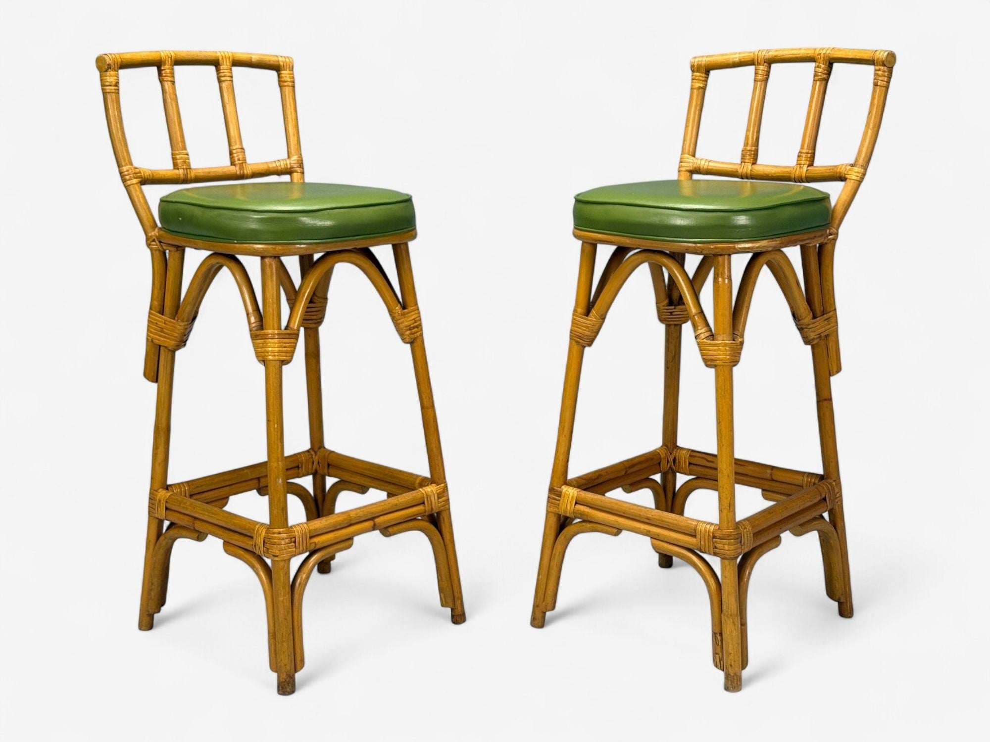 Dutch Modern, Bamboo, Green Leather, Five Barstools, Netherlands, 1970s