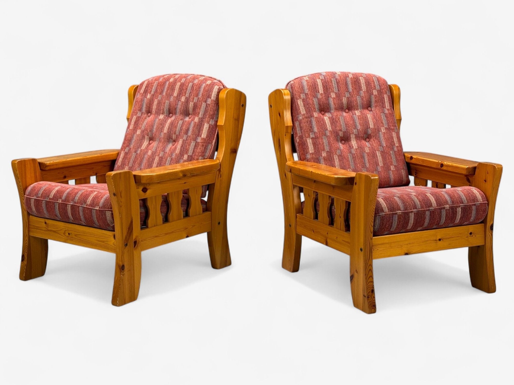Swedish Modern, Pine, Red Fabric, Brutalist Lounge Chairs, Sweden, 1950s
