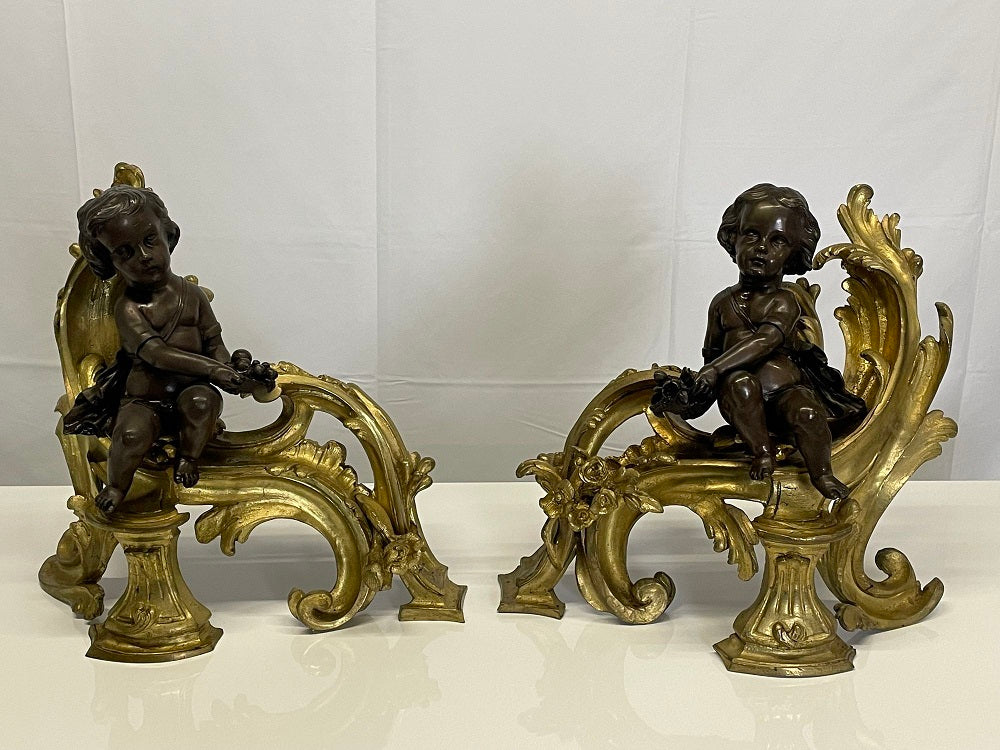 Pair Patinated Gilt Bronze Cherub Fireplace Andirons, Chenets Antique Louis XV