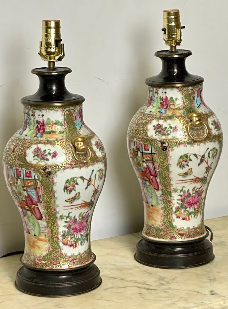 Pair of Ceramic Oriental Table Lamps, Decoration, Bronze, 19th C.