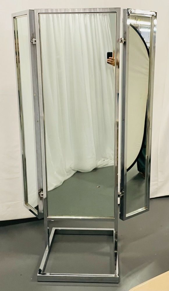 A Mid Century Modern Trifold Cheval Mirror, Steel and Chrome Framed, Reversable