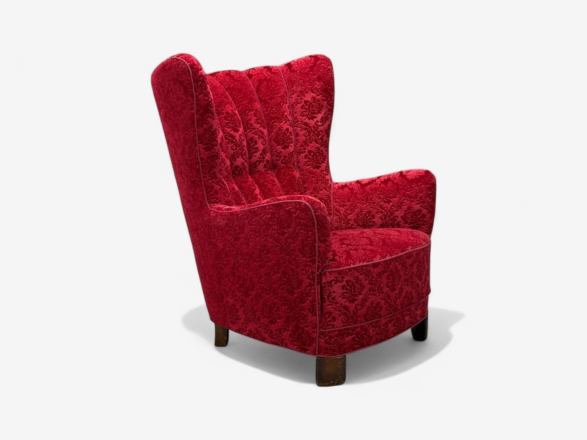 Danish Cabinetmaker, Red Damask, Wood, Lounge Chair, Denmark, 1950s