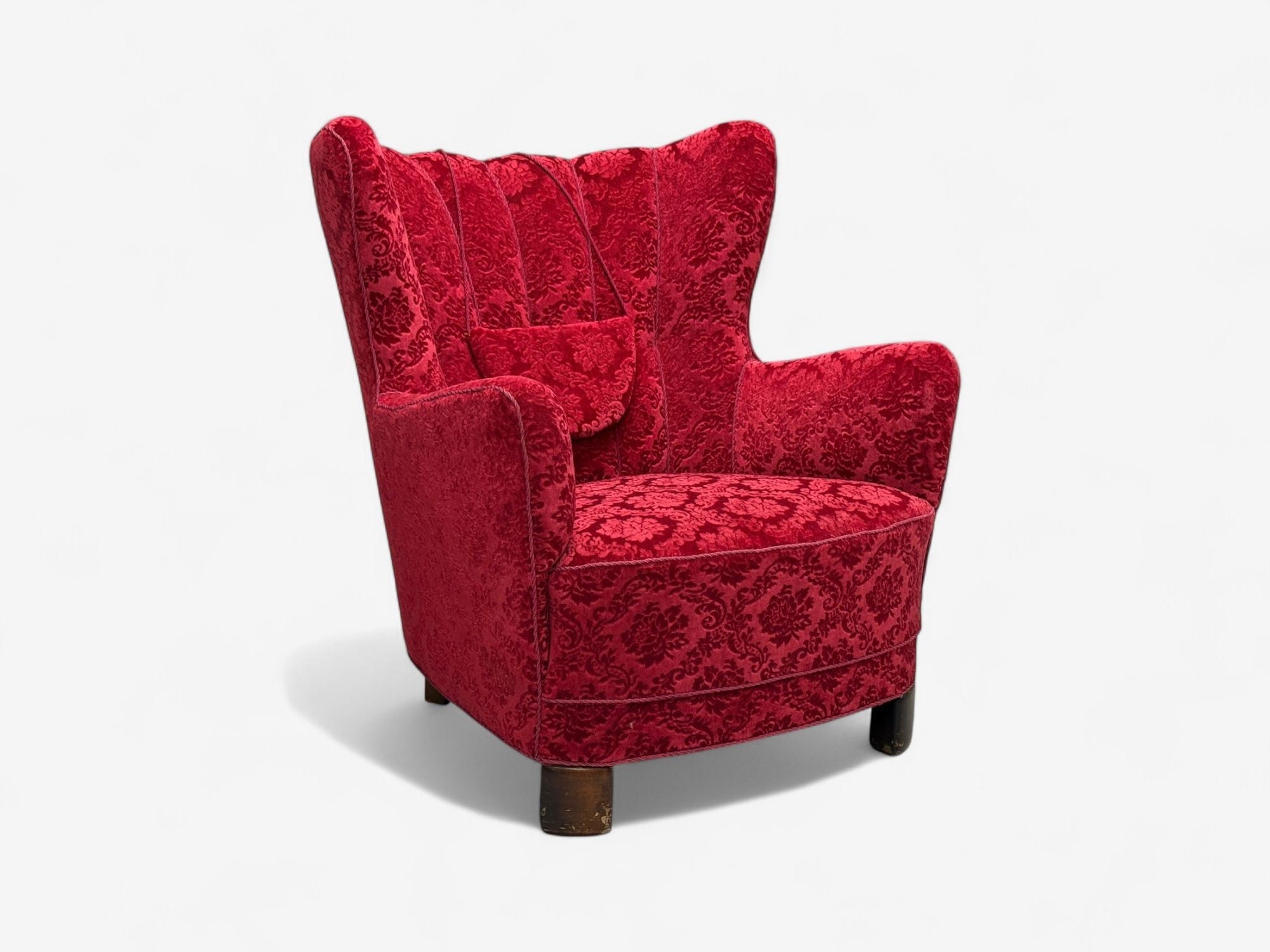 Danish Cabinetmaker, Red Damask, Wood, Lounge Chair, Denmark, 1950s