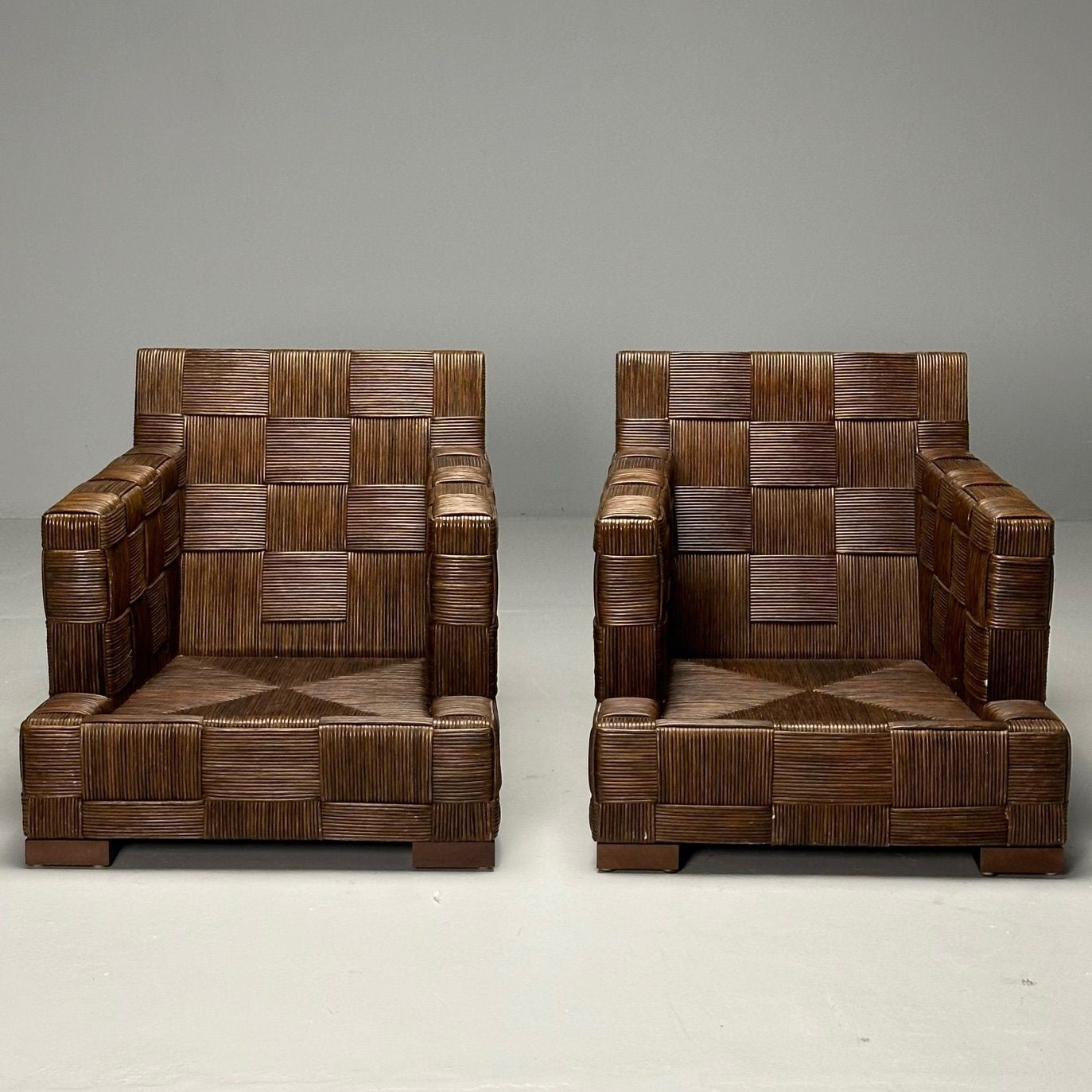 John Hutton, Woven Cane, Mahogany, Oversized Lounge Chairs, USA, 1990s