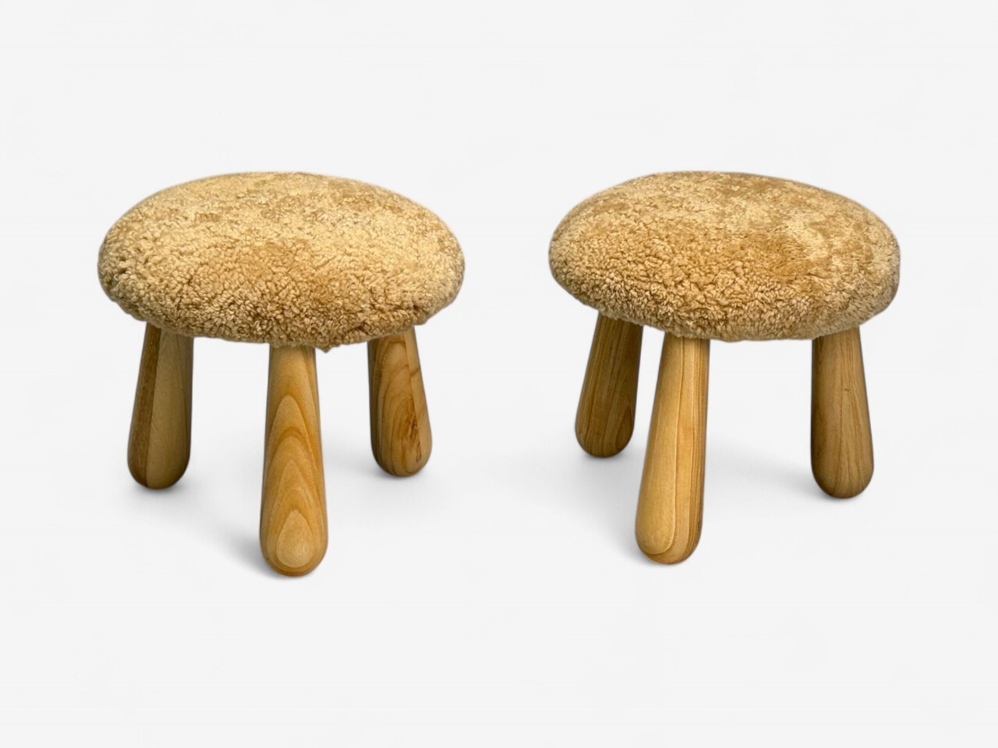 Danish Modern Style, Honey Sheepskin, Maple, Shearling Footstools, 21st C.
