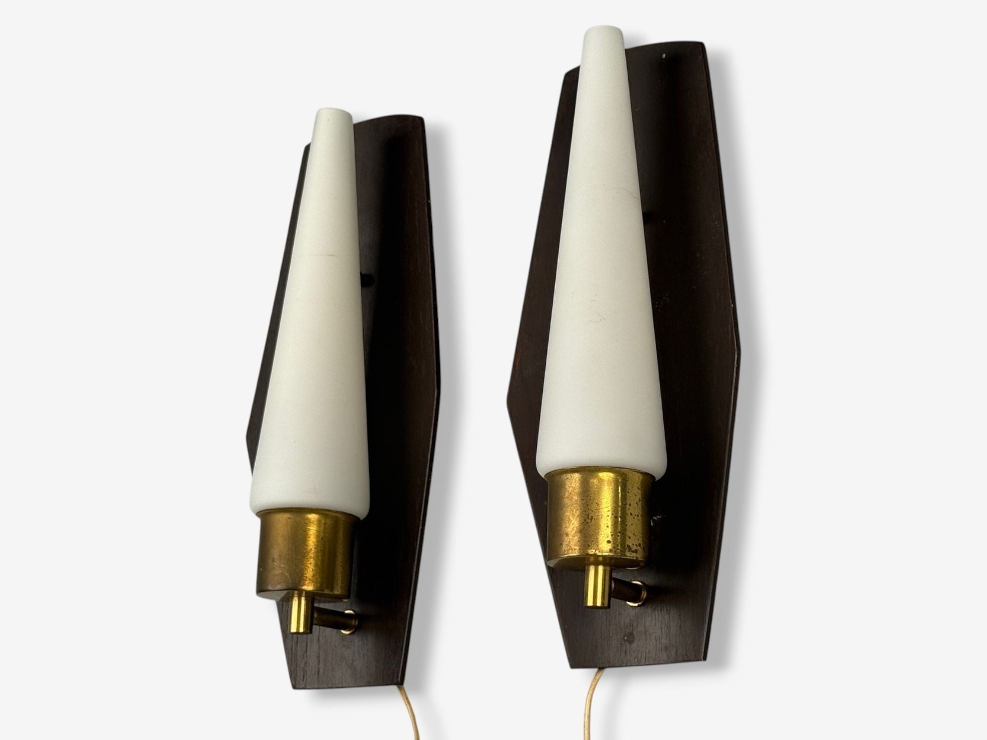 Danish Modern, Teak, Brass, Opaline Glass, Wall Lights, Denmark, 1960s