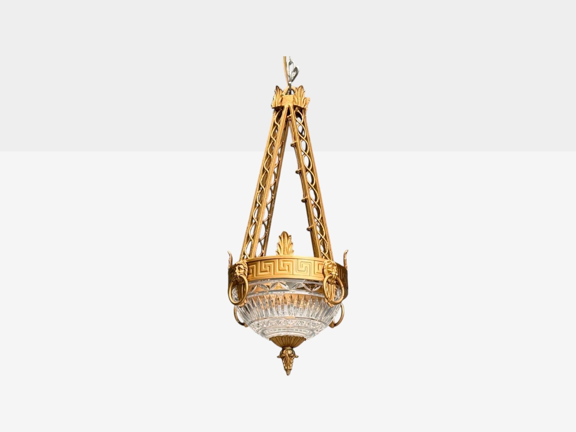 Maitland Smith, Gilt Metal, Glass, Greek Key Motif, Pendant Light, 21st C.