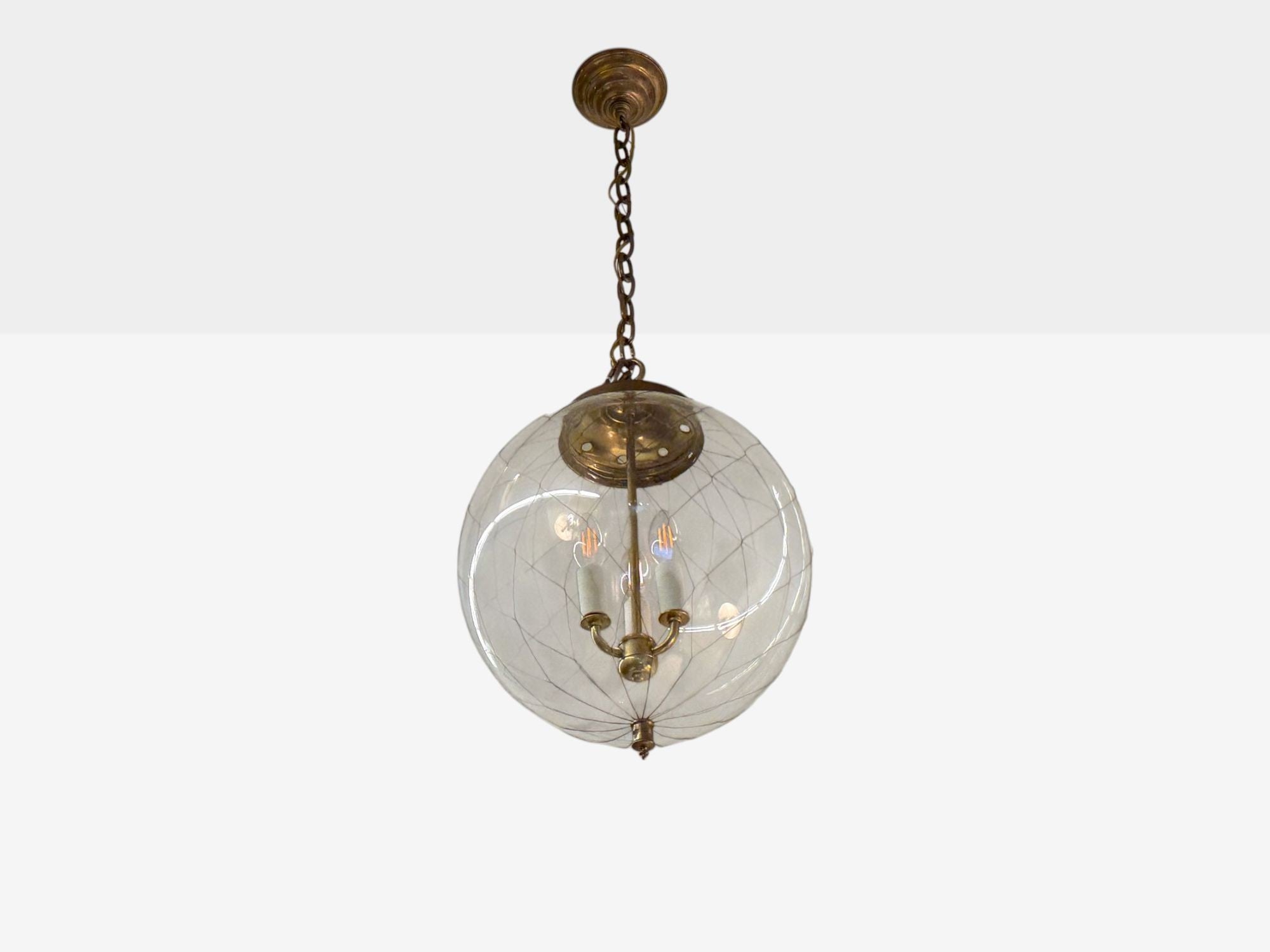 French Mid Century Modern, Brass, Blown Glass, Globe Pendant Lights,1950s
