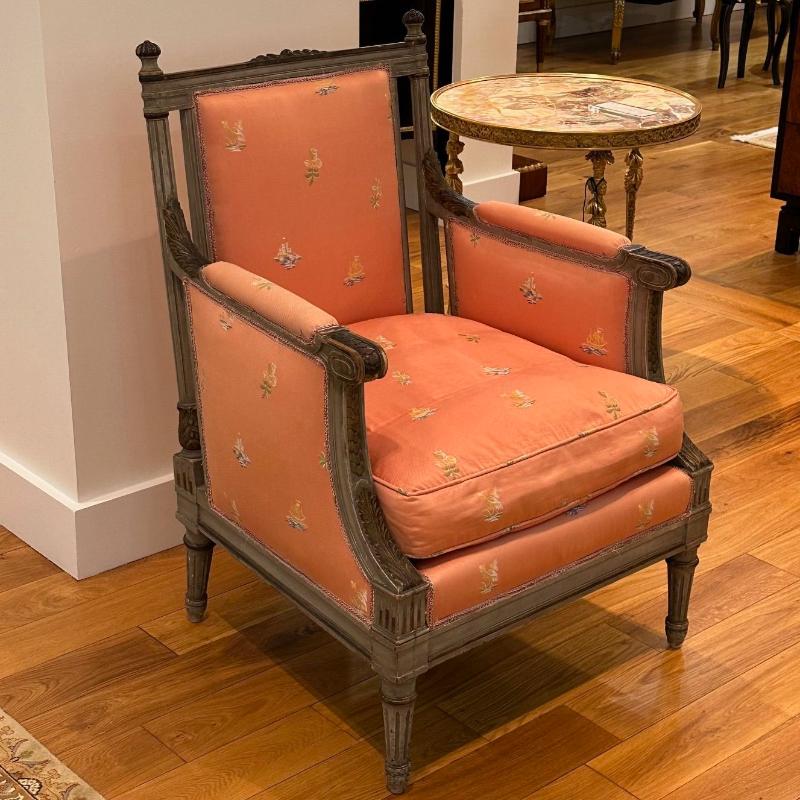 Maison Jansen Style, Gustavian, Louis XVI, Armchairs, Gray Distressed Paint