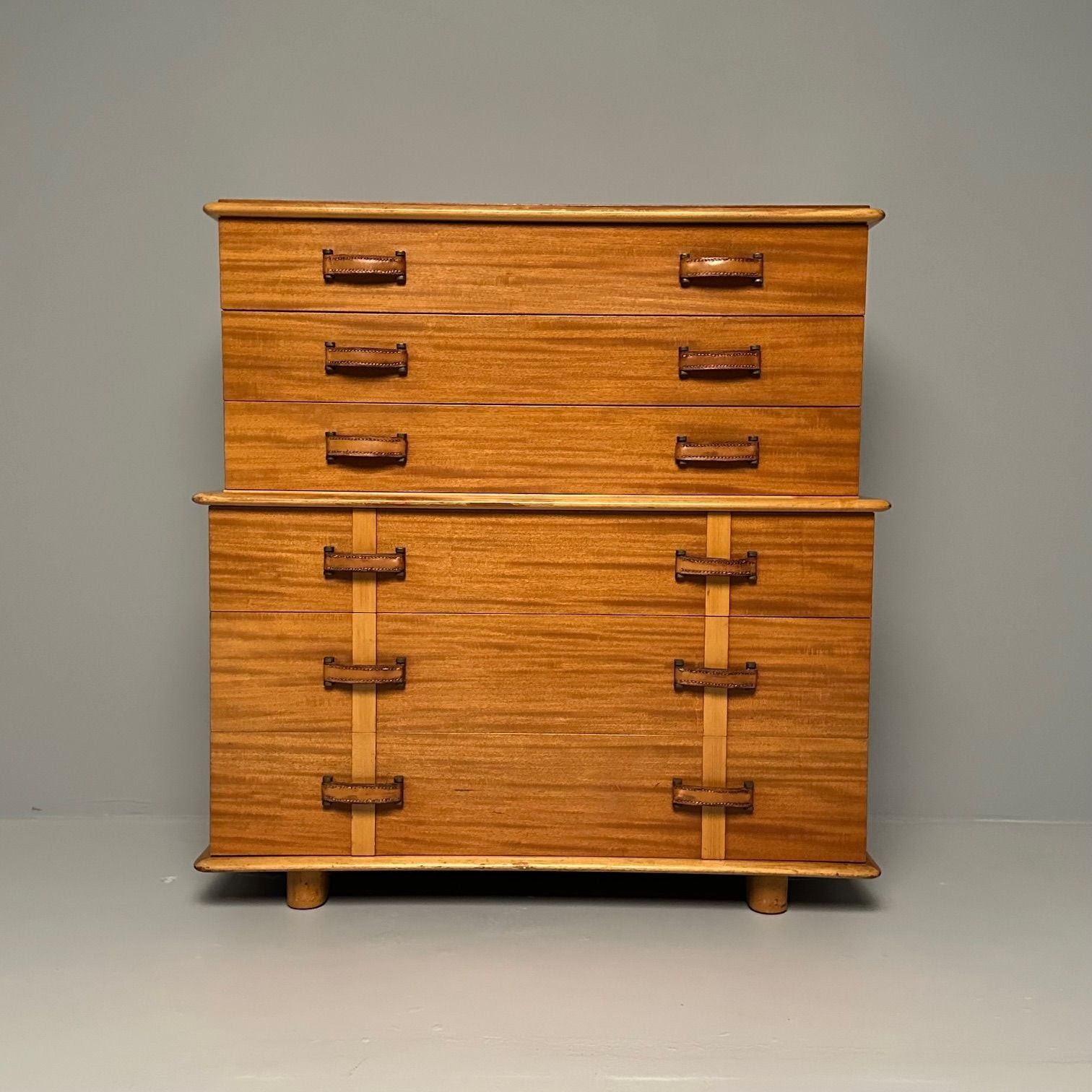 Paul Frankl, John Stuart, Mid-Century Modern Dresser, Mahogany, Leather, Brass
