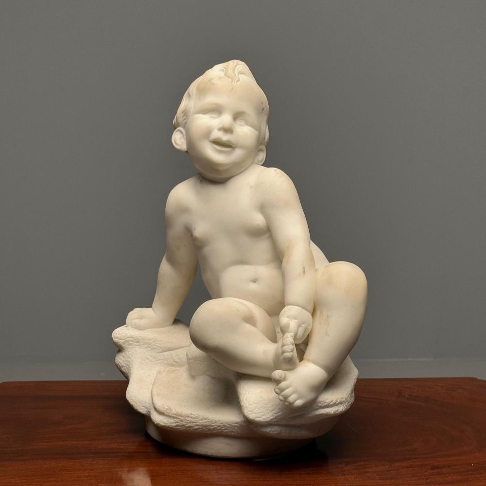 Carved Marble Figure of Seated Nude Child, 19th/Early 20th Century, Statue