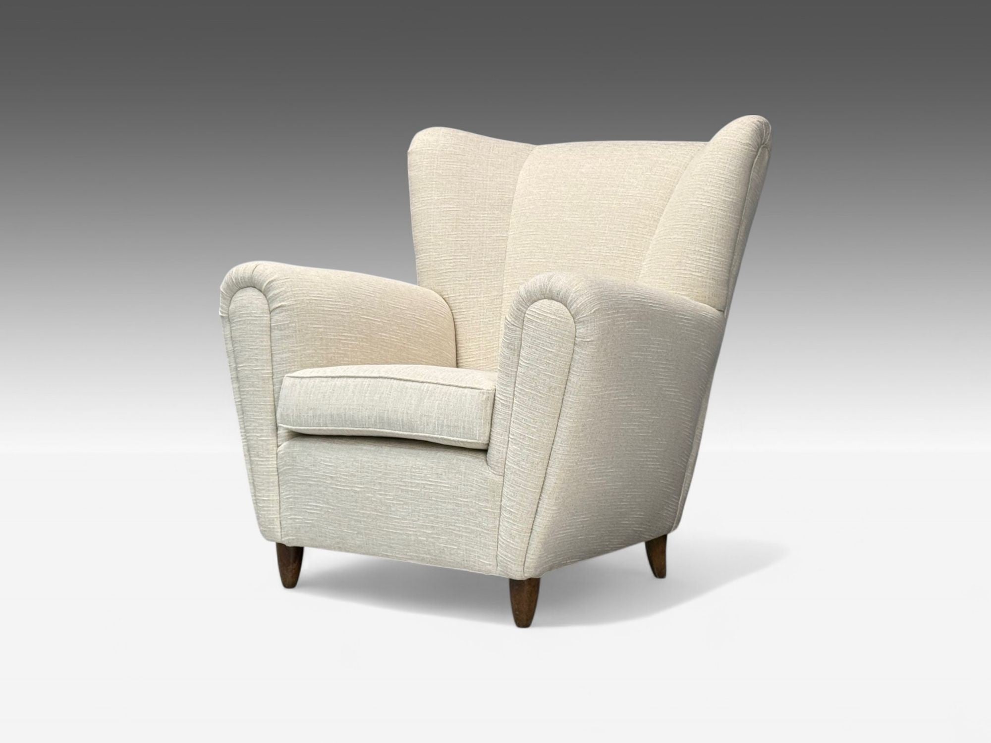 Italian Modern, Stained Wood, Beige Tweed Fabric, Club Chairs, Italy, 1940s