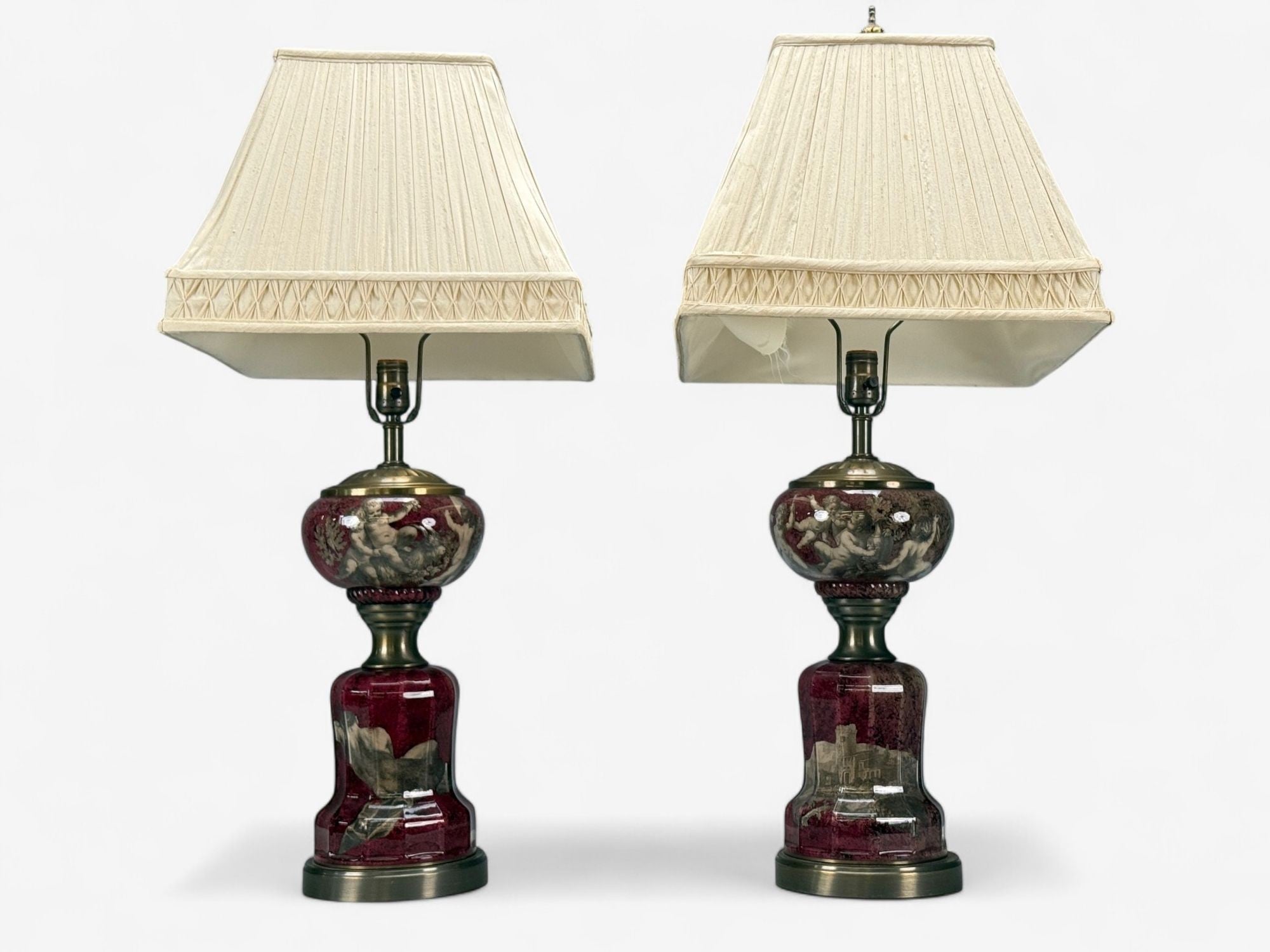 Neoclassical, Cranberry Glass, Decoupage Cherub Table Lamps, USA, 1930s