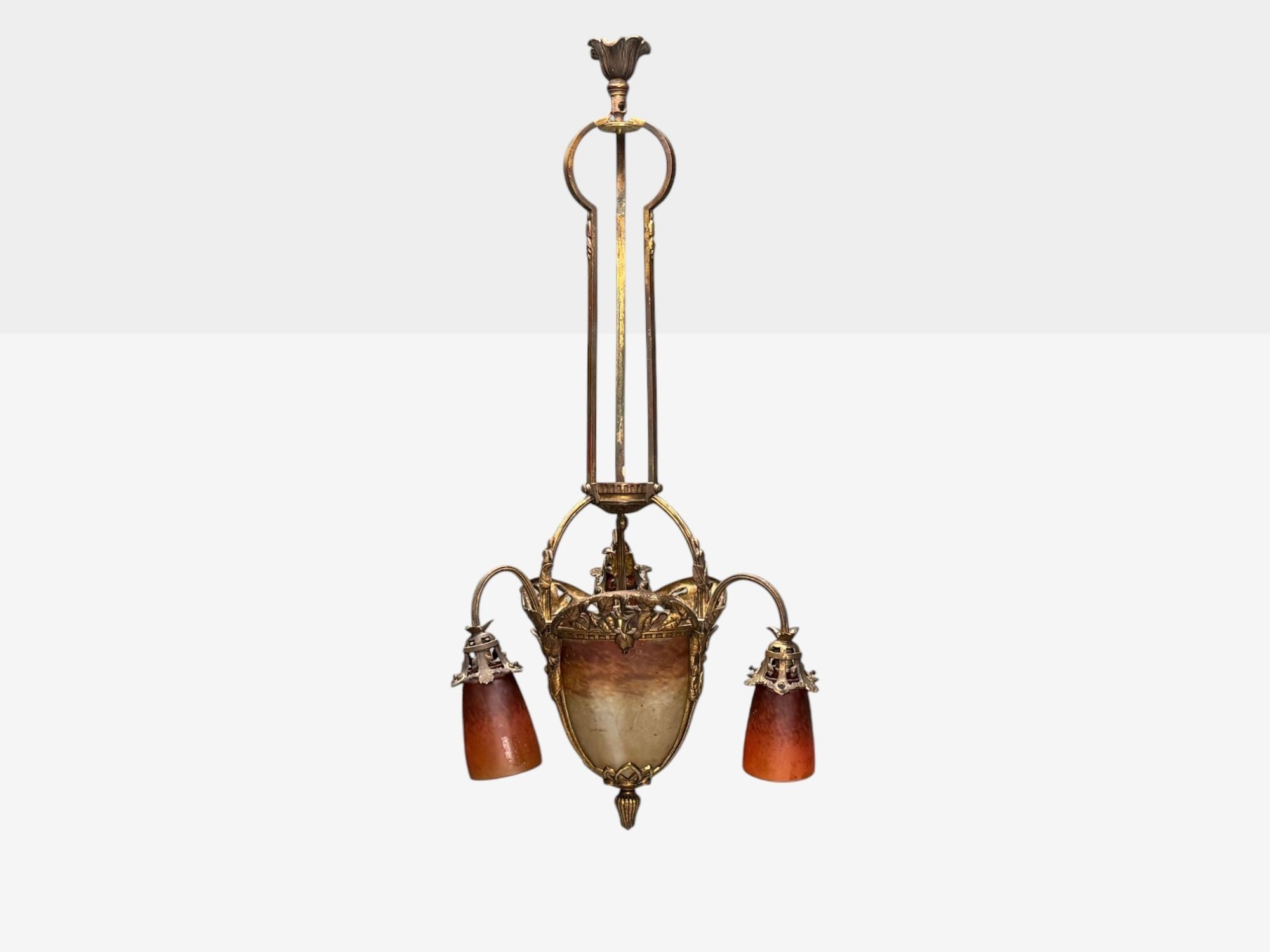 Muller Frères, French Art Deco, Bronze, Glass, Chandelier, France, 1920s