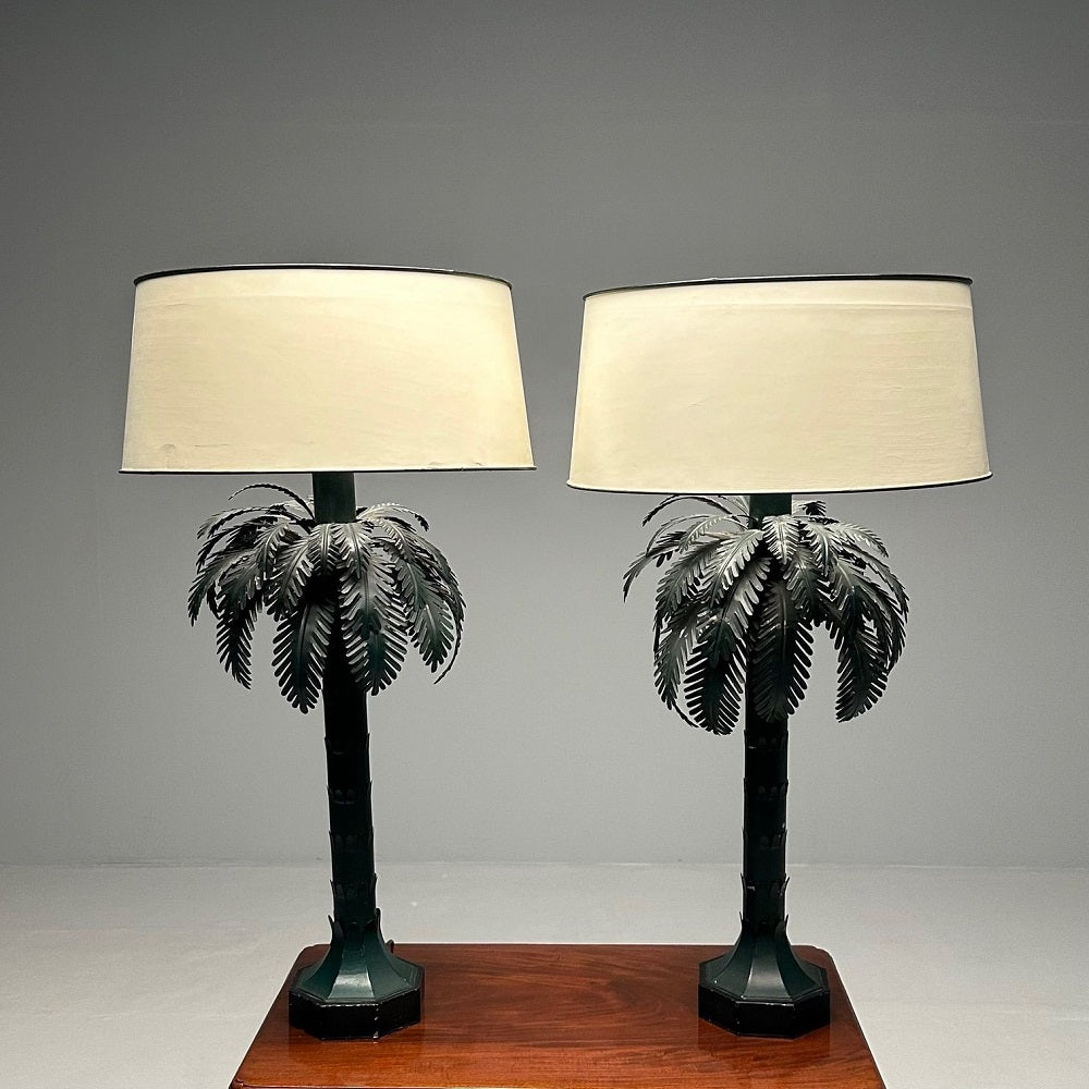 Large Pair of Mid-Century Modern Maison Jansen Style Palm Tree Lamps, Metal
