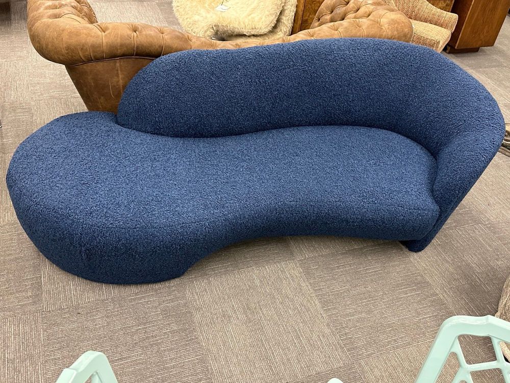 Mid-Century Modern Style Organic Form Kidney Shaped Cloud Sofa, Blue Boucle