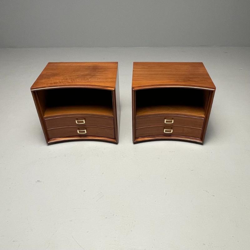 Paul Frankl, Mid-Century Modern, Concave Nightstands, Walnut, Brass, USA 1950s