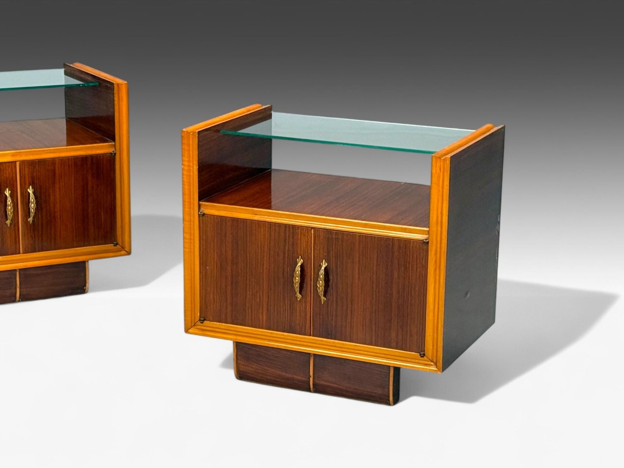 Italian Modern, Wood, Brass, Glass, Nightstands, Italy, 1950s
