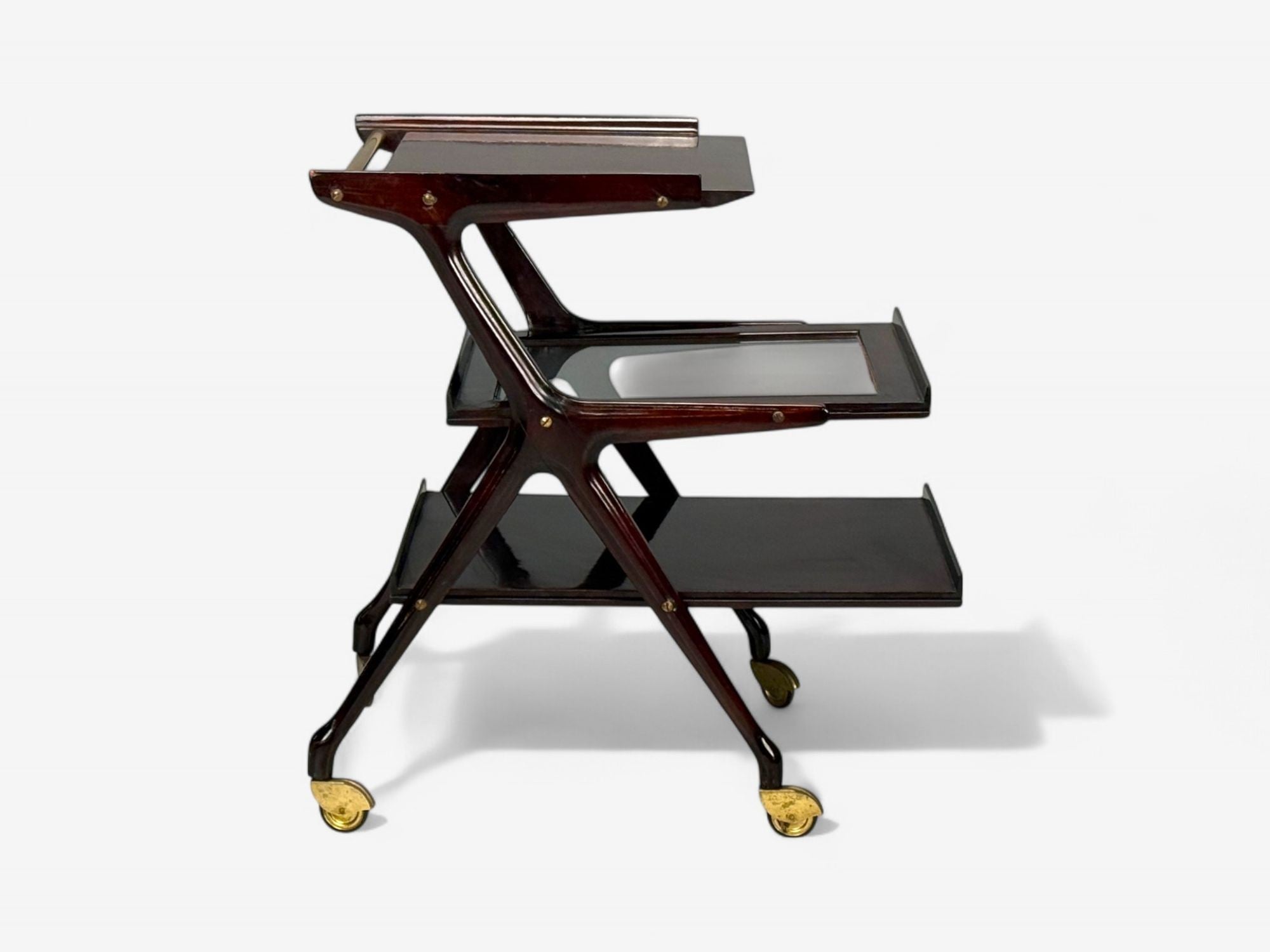 Ico Parisi Style, Italian Modern, Wood, Brass, Glass, Bar Cart, Italy, 1950s