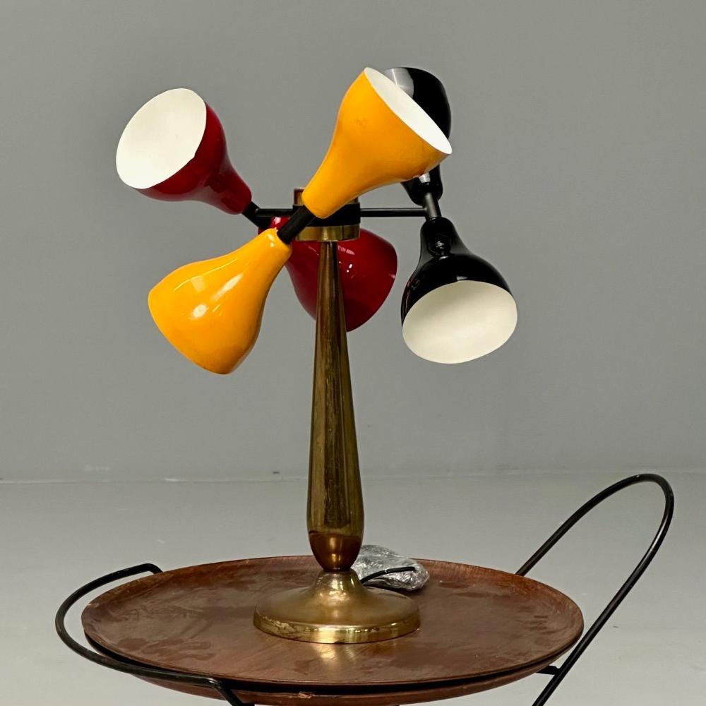 Italian Mid-Century Modern, Table Lamp, Enameled Shades, Patinated Brass, 1960s
