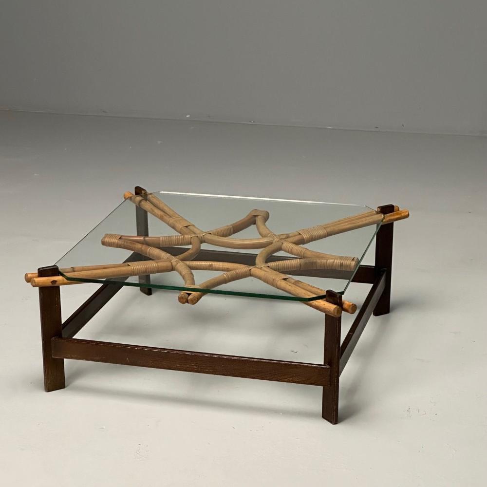 ISA, Italian Mid-Century Modern, Square Coffee Table, Wood, Bamboo, Cane, 1980s