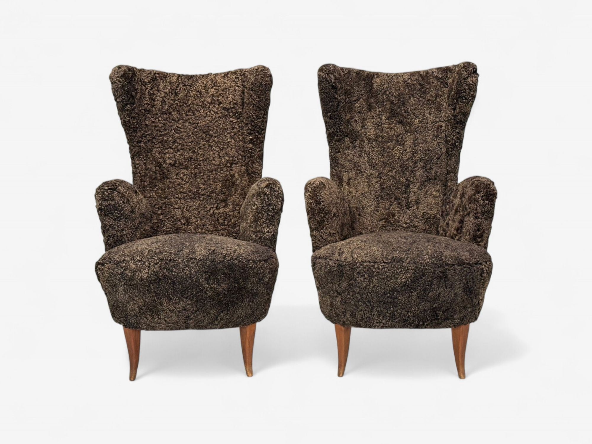 Italian Modern, Espresso Shearling, Walnut, Organic Lounge Chairs, Italy, 1950s