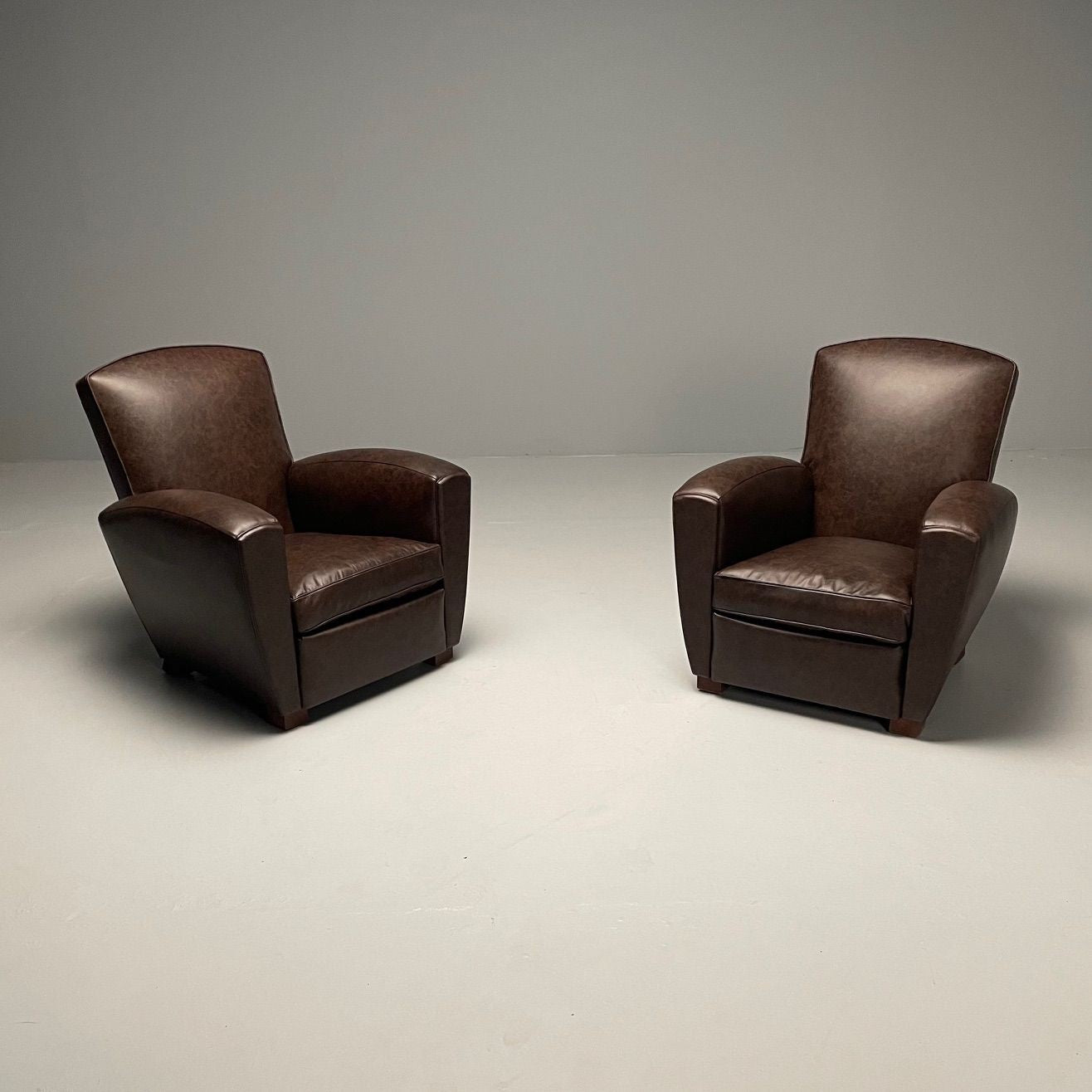 Jacques Adnet Style, French Art Deco Club Chairs, Distressed Leather, Oak, 1930s