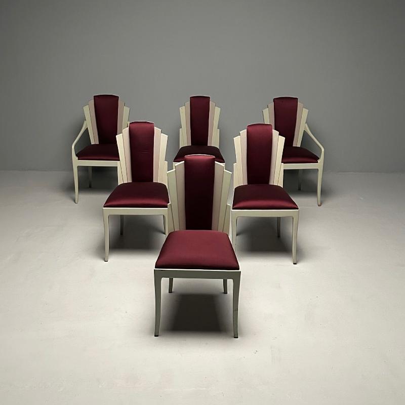 Vladimir Kagan Mid-Century Modern, Six Eva Dining Chairs, Lacquer, Maroon Fabric