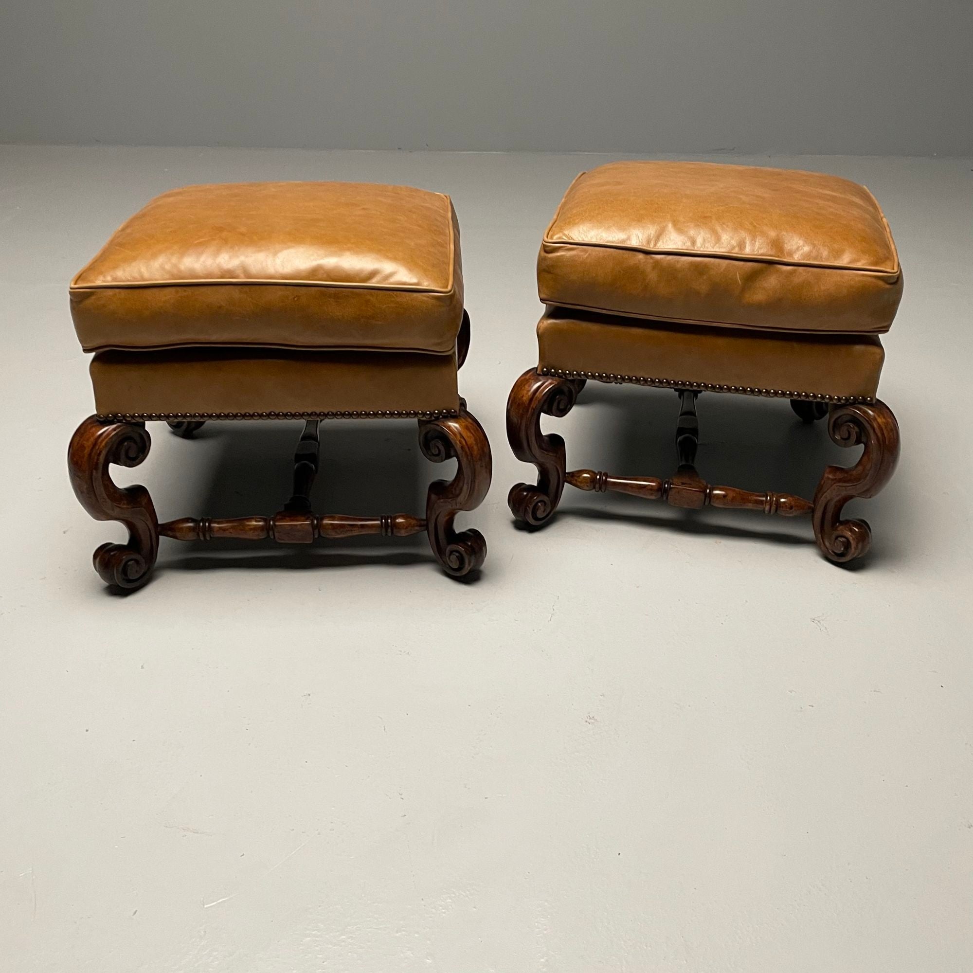 Georgian, Cabriole Leg Ottomans, Tan Leather, Wood, USA, 2000s