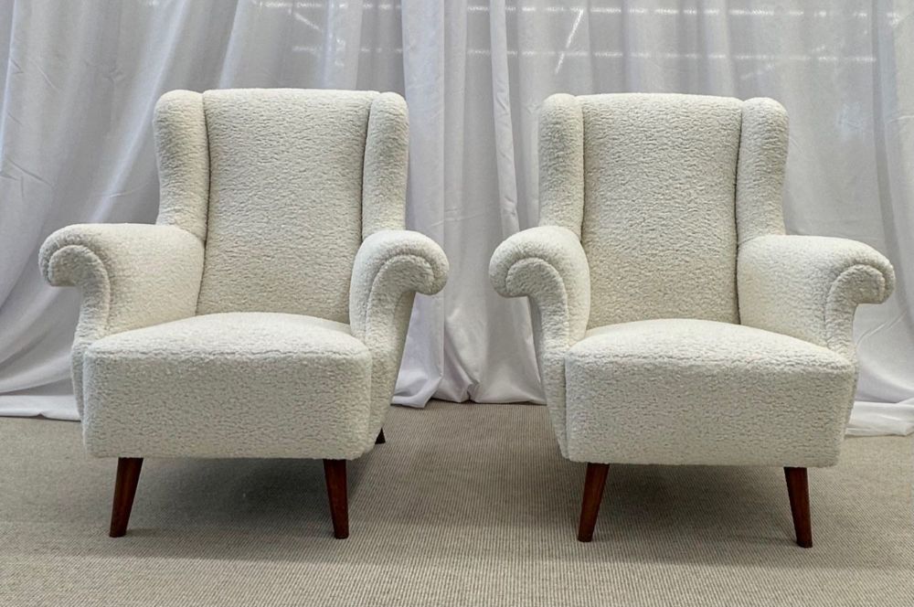Pair American Mid-Century Scroll Lounge / Wingback Chairs, Boucle, Draper Style